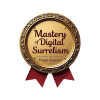 Mastery of Digital Surrealism art badge with gold foil frame and red ribbon, Trizyn Visual Arts Consortium honor