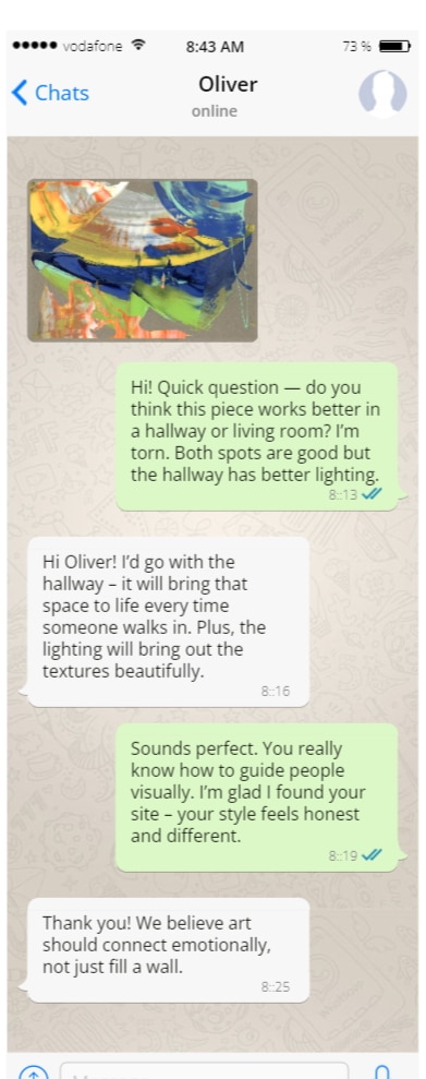 WhatsApp chat with Oliver, UK – asking about art placement and expressing trust in the brand