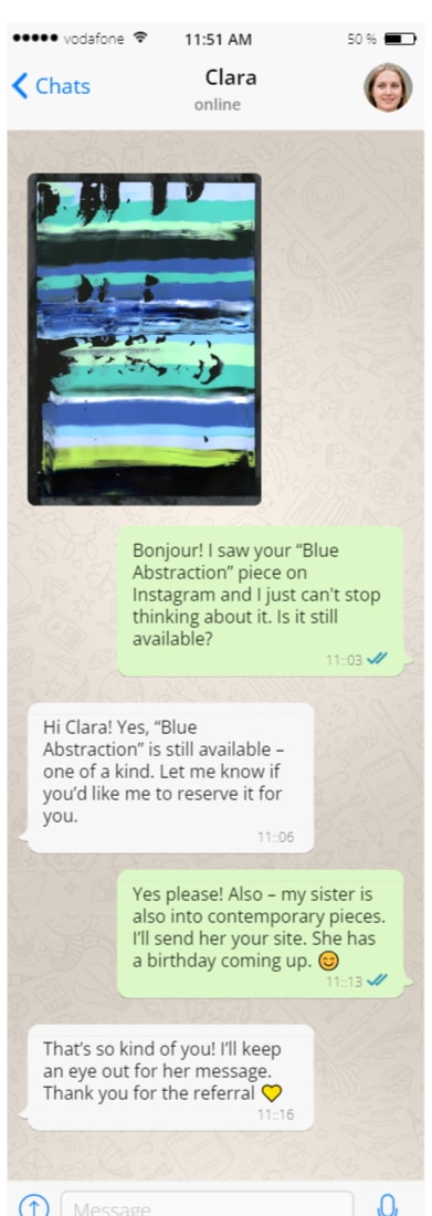 WhatsApp message from Clara, France – inquiring about Blue Abstraction painting